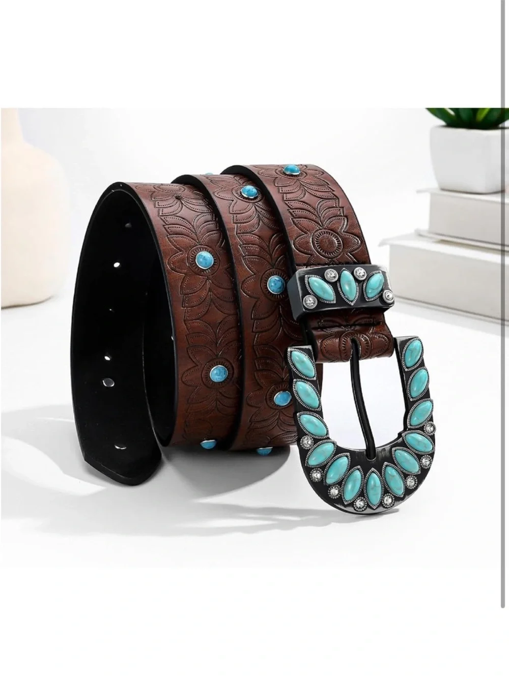 Brown Leather Western Belt with Turquoise Accents
